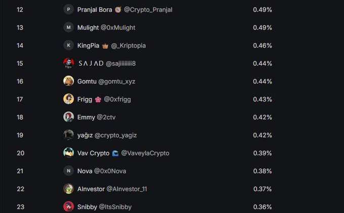 A leaderboard ranking list showing usernames and percentages from 0.49% down to 0.36%, including names like Pranjal Bora, Mulight, and KingPia.