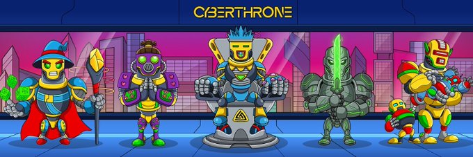 A colorful game banner titled 'CYBERTHRONE' featuring five cartoon-style robot/cyborg characters standing against a cyberpunk cityscape backdrop.