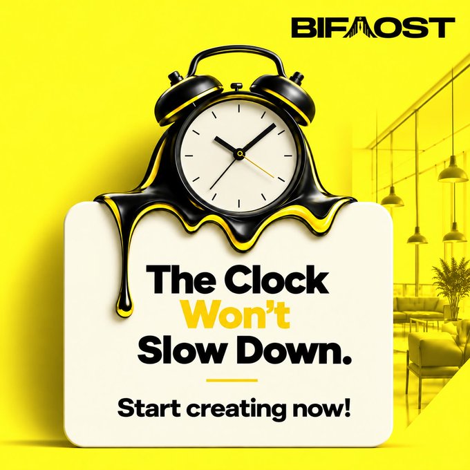 A yellow promotional graphic for 'BIFROST' featuring a melting black alarm clock dripping onto a white panel that reads 'The Clock Won't Slow Down. Start creating now!'