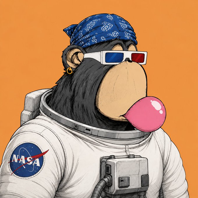 The image features a cartoon monkey wearing an astronaut suit, with goggles and glasses, standing against an orange background. The monkey appears to be blowing a bubble gum bubble while wearing sunglasses. There are also some text elements in the image that read "The apocalypse is coming Beyond the ruins lies the YUGA Clan Salvation awaits the chosen decapes.xyz/whitelist". This suggests that there might be a connection between the monkey's attire and the post, possibly related to an event or situation involving the Yuga Clan.
