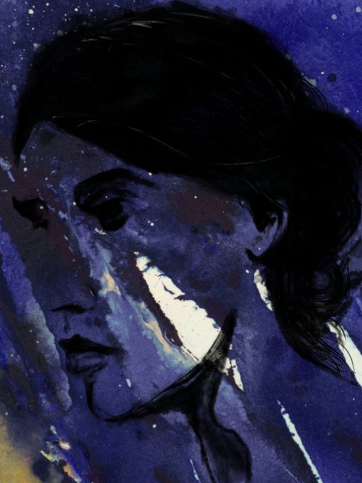 An expressive, stylized portrait painting of a person with dark hair, rendered in deep blues, purples, and stark white highlights.