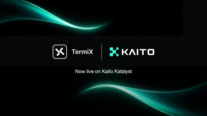 The image announces “TermiX | KAITO” with the caption “Now live on Kaito Katalyst.” It relates to Kaito’s new campaign for @termix_ai, which will distribute 0.30% of the supply through three one-month epochs, with 10 posts allowed per epoch and 6 counted.
