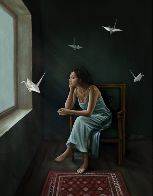 The image depicts a woman sitting alone in a room with her head resting on her hand. She is wearing a blue dress and has her feet up, possibly contemplating or daydreaming. The room features a window that allows paper birds to fly into it, creating an interesting visual effect. The painting seems to be about fragile hope and the quiet certainty of morning's return.
