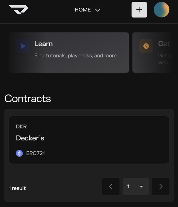A screenshot of a mobile app interface titled 'HOME' with a logo, showing sections for 'Learn' and 'Contracts', specifically displaying a contract named 'Decker's' with the ticker 'DKR' for ERC721.