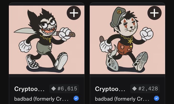 Two cartoon NFT characters, both labeled "Crypto..." by "badbad (formerly Cr...)", displayed with Ethereum prices of #6,615 and #2,428.
