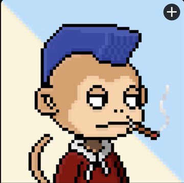A pixel-art portrait of a person with blue hair smoking a cigarette, featuring a plus icon in the top-right corner suggesting an in-game character or avatar.