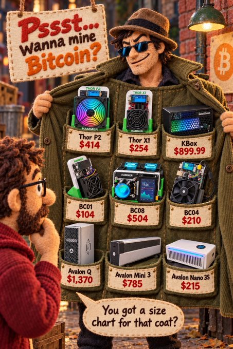 A cartoon-style Bitcoin mining equipment advertisement titled "Pssst... Wanna mine Bitcoin?" showing various miners in the coat of a peddler, with prices like Thor P2 $414, KBox $899.99, and Avalon Q $1,370, while a curious onlooker asks, "You got a size chart for that coat?"