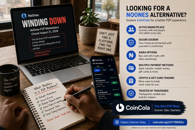 A promotional advertisement for CoinCola titled 'LOOKING FOR A NOONES ALTERNATIVE?' showing a laptop displaying a 'Winding Down' notice for NoOnes P2P Marketplace, alongside a phone screen and a handwritten checklist of platform features.
