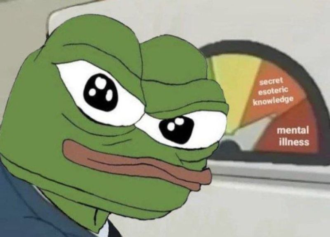 The image features a cartoon frog sitting next to a clock that says "Secret Esoteric Knowledge Mental Illness" written below it. The frog appears to be staring at the clock, possibly contemplating its current situation or time.