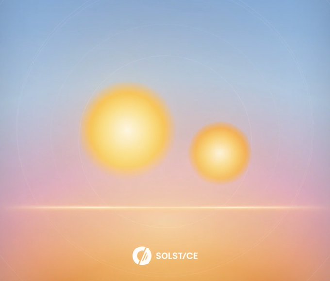 An abstract digital artwork with two glowing yellow orbs against a gradient pastel sky, branded 'SOLST/CE' at the bottom.