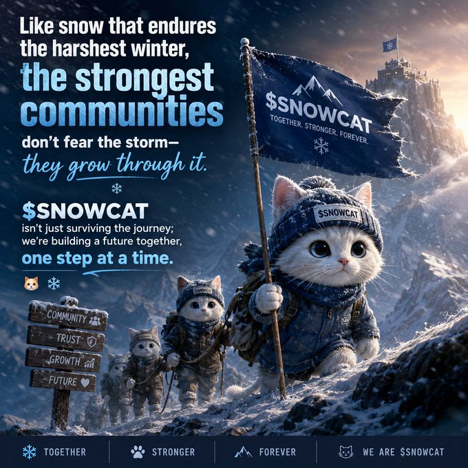 A promotional graphic featuring $SNOWCAT cryptocurrency with kittens climbing a snowy mountain, displaying the tagline 'TOGETHER. STRONGER. FOREVER.' and text about communities growing through storms.