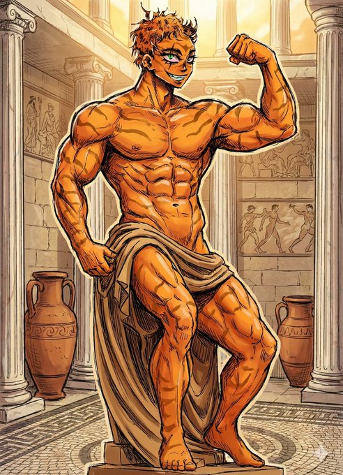 A confident, muscular figure flexes in a classic heroic pose within an ancient Greek temple setting, surrounded by marble columns, stone reliefs, and amphorae—evoking timeless strength and resilience that complements the motivational "Gm. Let's make today count" greeting as a symbol of starting the day with power and purpose.