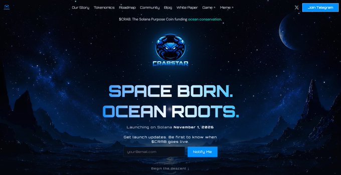 A dark-themed website landing page for '$CRAB' token with the text 'SPACE BORN. OCEAN ROOTS.' launching on Solana November 2026.