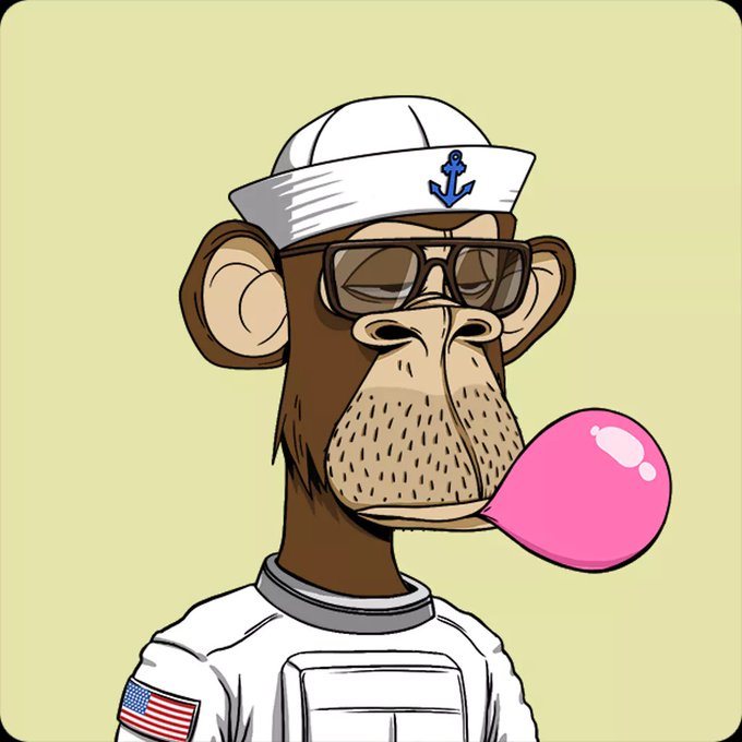 A cartoon illustration of a Bored Ape Yacht Club-style monkey wearing a white sailor hat with anchor, sunglasses, and blowing a pink bubble gum bubble, with an American flag patch on its sleeve.