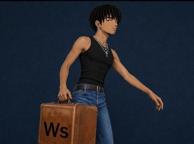 A stylized anime character with dark skin, dreadlocks, and a black tank top holds a brown briefcase labeled "Ws," symbolizing wealth and perseverance—fitting the "GM Frens, Another day to try again" crypto motivational vibe.