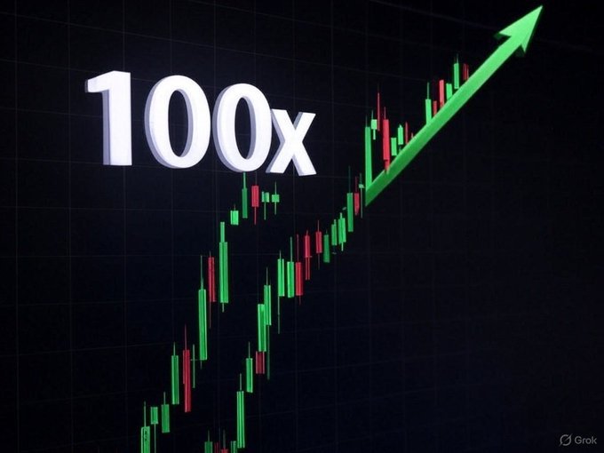 A dark-themed financial chart features the bold white text "100x" alongside a candlestick graph showing an upward trend, highlighted by a large green arrow pointing diagonally to the upper right. The image visually reinforces the post's claim about discovering a "100x gem" stock or cryptocurrency with explosive growth potential.