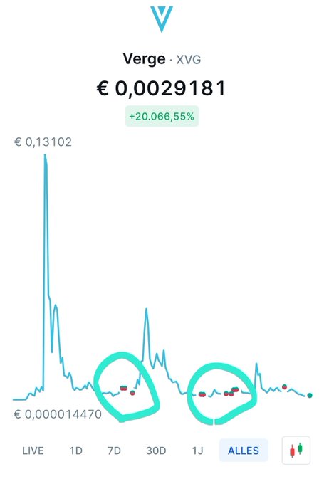 A crypto price chart for Verge (XVG) showing the current price at €0.0029181 with a +20,066.55% increase, displaying historical price data with two circled regions of interest on the lower-priced segments.