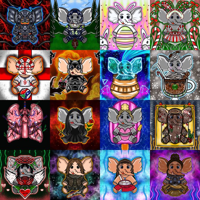A collage of 16 colorful cartoon elephant characters in various costumes and themes, including sports, Halloween, holidays, and pop culture references.