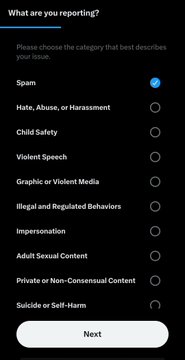 A 'What are you reporting?' form on a mobile screen, with categories like Spam, Hate, Child Safety, and Violence, where Spam is currently selected.