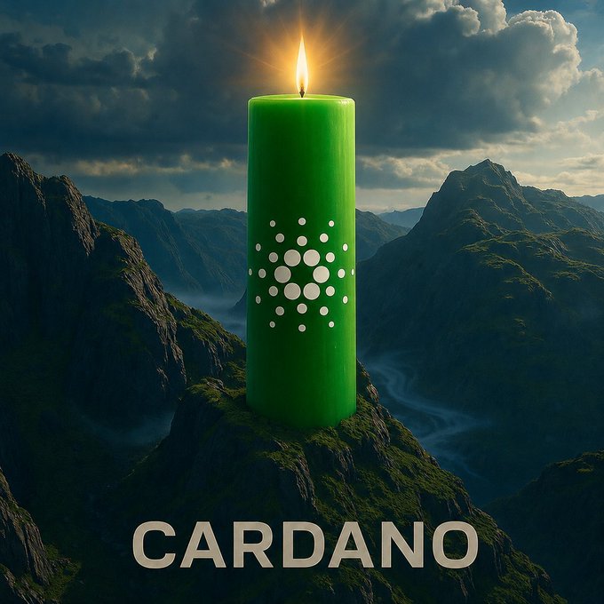 A green Cardano-branded candle with the ADA logo sits atop a misty mountain peak beneath a cloudy sky, with "CARDANO" displayed prominently below — visually echoing the post's hopeful call for massive green price candles for $ADA.