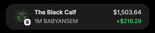 The image shows a crypto/NFT listing for "The Black Calf" (ticker $BABYANSEM) with a 1M token balance valued at $1,503.64, reflecting a gain of $216.29 in green. The post congratulates several users (likely winners of an airdrop or giveaway) and tells them to "check your wallets," suggesting the image illustrates the type of token reward these winners received.