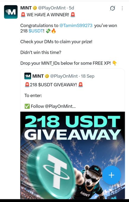 A Twitter/X post from @PlayOnMint announces 'WE HAVE A WINNER!' congratulating @TamimS99273 for winning 218 $USDT in a giveaway.