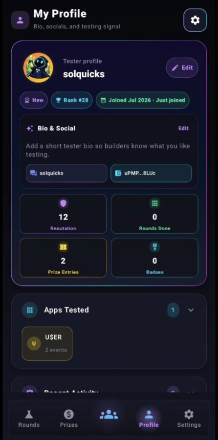 A 'My Profile' screen from a mobile app for user 'solquicks', showing rank #28, 12 reputation, 2 prize entries, and a 'Just joined' status.