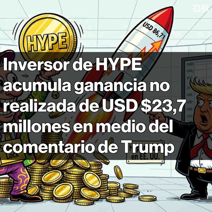 A cartoon illustration shows a HYPE coin next to a rocket labeled 'USD 86,71' and piles of coins, with Spanish text reading 'Inversor de HYPE acumula ganancia no realizada de USD $23,7 millones en medio del comentario de Trump.'