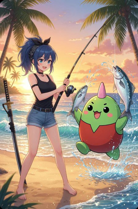 An anime-style illustration of a blue-haired girl in denim shorts holding a fishing rod at a tropical beach, accompanied by a cute green creature with fish leaping from the water at sunset.