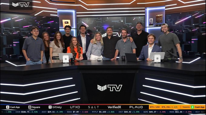 A group photo of the TV team at their studio desk with a YouTube Gold Play Button award, and a ticker showing crypto prices for COIN, ASST, NAKA, MTPLF, XBT, and MONT, sponsored by Cash App, Square, bitkey, UTXO, SALT, VerifiedX, and PLAUD.