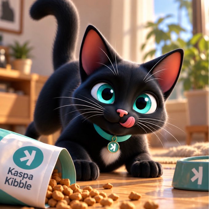 A cartoon-style black cat with large teal eyes sits next to a spilled container labeled 'Kaspa Kibble' featuring a 'K' logo.