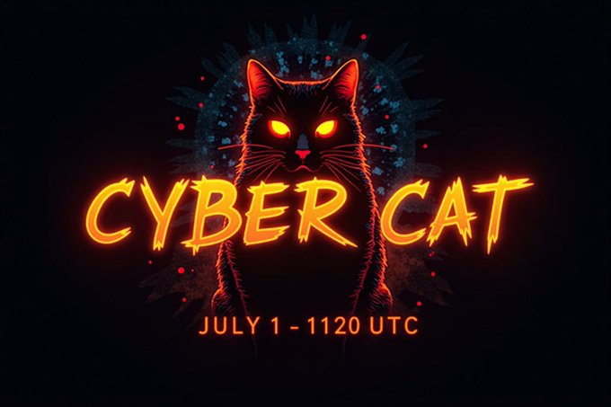 A stylized black cat with glowing yellow eyes sits against a dark, splattered background, overlaid with bold orange-yellow "CYBER CAT" text and the launch date "JULY 1 – 1120 UTC," visually reinforcing the post's urgent countdown to the token's drop at 12:00 UTC.