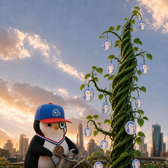 A digital illustration of a penguin wearing a baseball cap and 'BT' medallion holding a watering can, standing next to a beanstalk growing from golden coins against a city skyline at sunset.