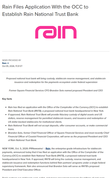 A news article titled 'Rain Files Application With the OCC to Establish Rain National Trust Bank' featuring the pink Rain logo and details about RNTB and its proposed President and CEO Brandon Soto.