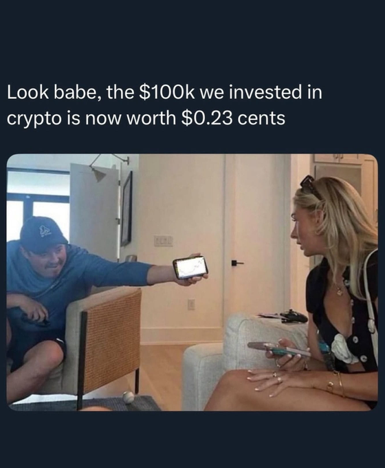 Meme showing a man showing his phone to a woman with text 'Look babe, the $100k we invested in crypto is now worth $0.23 cents', depicting crypto investment losses.