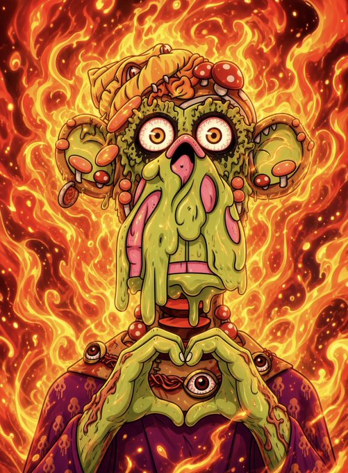A grotesque, mutated Bored Ape NFT character is engulfed in vibrant orange and red flames, featuring melting green skin, bulging bloodshot eyes, and mushroom-like growths sprouting from its head. The surreal, psychedelic artwork ties into the post's dramatic expression of wanting to own a Bored Ape NFT, portraying it as an almost mythic, feverishly desired collectible.