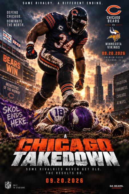 A Chicago Bears promotional poster for a 'Chicago Takedown' game against the Minnesota Vikings on 09.20.2026 at Soldier Field, featuring a Bears player (number 34) standing over a defeated Vikings player.