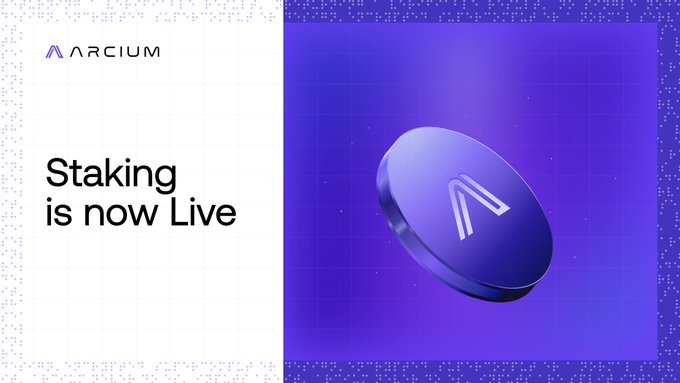 A promotional graphic for Arcium featuring the text "Staking is now Live" alongside a stylized 3D rendering of the project's blue coin/token logo on a purple gradient background, directly announcing the launch of their staking program.