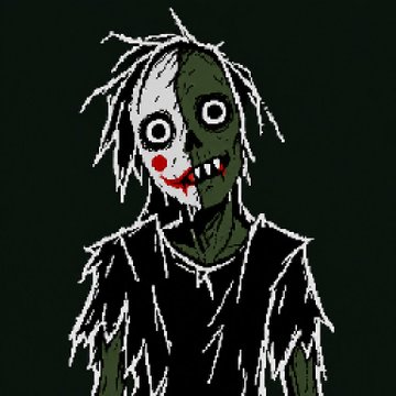 A horror-style digital drawing of a creepy character with wild white hair, a pale grayish face, large round eyes, a red cheek mark, and sharp pointed teeth, wearing a ragged dark outfit against a black background.