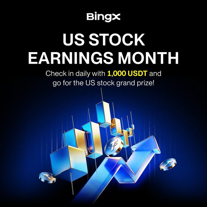 A BingX promotional banner reading "US STOCK EARNINGS MONTH" and "Check in daily with 1,000 USDT and go for the US stock grand prize!" featuring 3D blue and gold candlestick charts and an upward arrow.