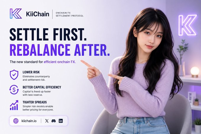 The image features a woman wearing a purple sweater, standing next to a chair with her arms outstretched as if she's giving directions or pointing at something. The background of the image is white, which contrasts nicely with the purple sweater. There are also some text elements in the image that read "KiiChainio" and "SETTLE FIRST. REBALANCE After." This suggests that the woman might be promoting a new product or service related to cryptocurrency trading or blockchain technology.