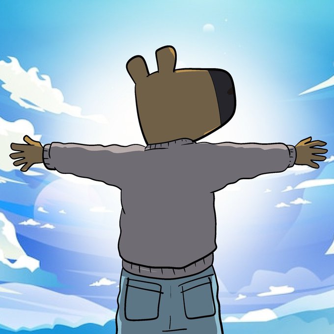 A cartoon illustration of a person in a gray sweater with arms outstretched against a bright sky with clouds.