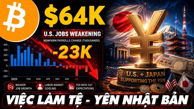 Financial graphic showing Bitcoin at $64K, U.S. Jobs Weakening with nonfarm payrolls at -23K, and text 'U.S. + JAPAN SUPPORTING THE YEN' alongside Japanese yen imagery.