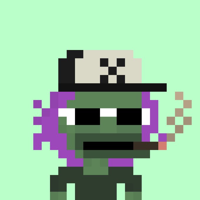 A pixel art illustration of a green-skinned zombie character with purple hair, sunglasses, a black cap with a skull, and a cigar in its mouth against a light green background.