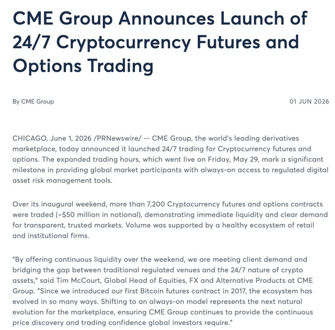 The image features a screenshot of an article related to cryptocurrency trading, specifically Bitcoin trading. It reads "CME Group Launches 24/7 Cryptocurrency Futures & Options Trading" with the first line stating that the company launched trading for Bitcoin futures and options on June 1st at approximately 9:25 am. The title of the image is 'CME Group Launches 24/7 Cryptocurrency Futures & Options Trading' written in black text against a white background, making it easy to read and understand.