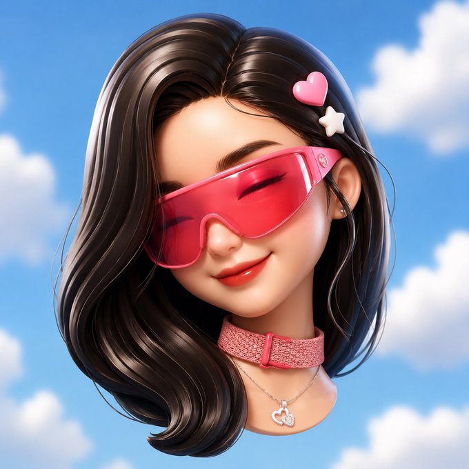 The image features a cartoon girl with long hair wearing pink sunglasses, smiling, and looking up towards the sky. The girl's face is the main focus of the image, showcasing her happy expression as she looks upwards.