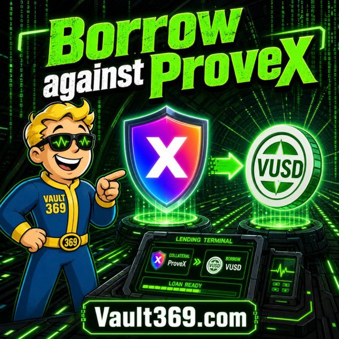 An advertisement for Vault369.com with the text 'Borrow against ProveX' showing a cartoon character in a blue 'VAULT 369' jumpsuit pointing to icons of ProveX and VUSD cryptocurrencies.