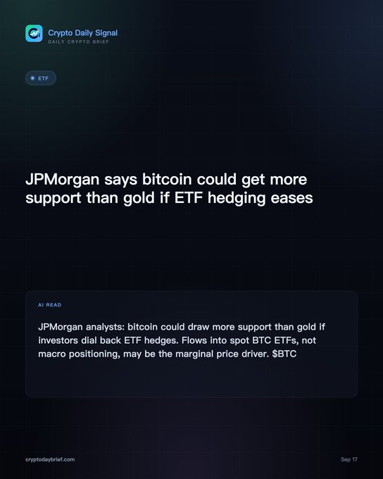A Crypto Daily Signal newsletter brief titled 'JPMorgan says bitcoin could get more support than gold if ETF hedging eases,' with an AI-read summary discussing JPMorgan analysts' views on spot BTC ETF flows being a marginal price driver for $BTC.