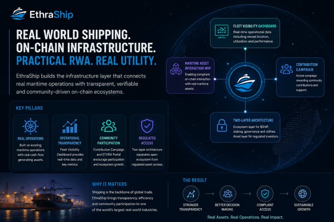 EthraShip infographic promoting 'Real World Shipping. On-Chain Infrastructure' with key pillars including Real Operations Transparency, Community Participation, and Regulated Access.