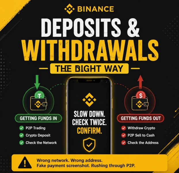 A Binance promotional graphic titled 'DEPOSITS & WITHDRAWALS — THE RIGHT WAY' featuring a smartphone with 'SLOW DOWN. CHECK TWICE. CONFIRM.' and warning text: 'Wrong network. Wrong address. Fake payment screenshot. Rushing through P2P.'